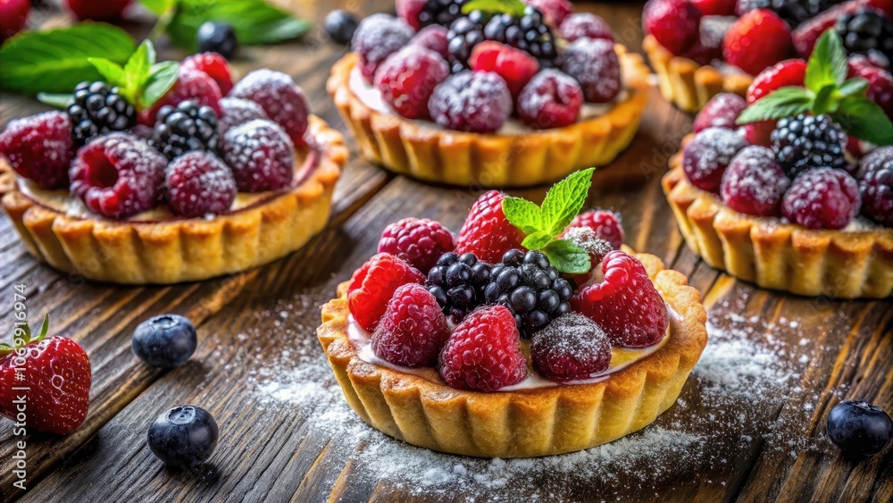 Close-Up of Berry Tarts: Fresh Raspberries and Blackberries Preparation in Fashion Photography Style Close-Up of Berry Tarts: Fresh Raspberries and Blackberries Preparation in Fashion Photography Style