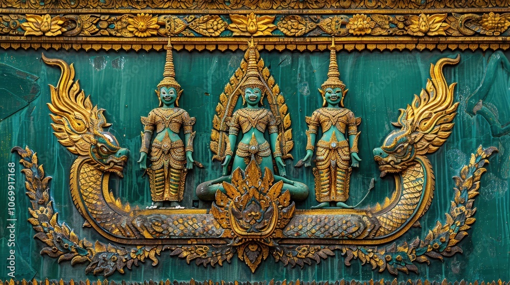Fototapeta premium Intricate Relief of Three Celestial Beings and Mythical Creatures at Wat Phra Kaew, Bangkok