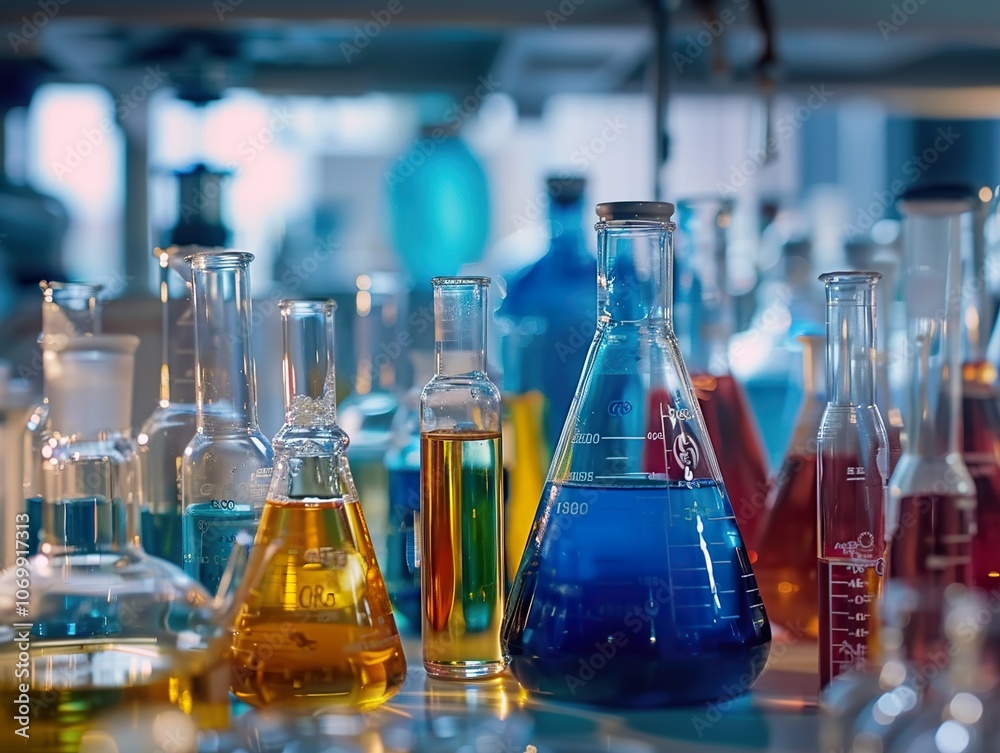 Colorful Chemical Solutions in Beakers and Flasks: A Glimpse into a Science Laboratory Colorful Chemical Solutions in Beakers and Flasks: A Glimpse into a Science Laboratory