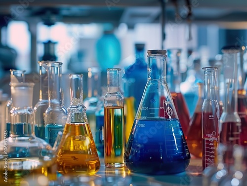 Colorful Chemical Solutions in Beakers and Flasks: A Glimpse into a Science Laboratory