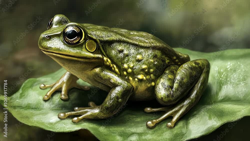 A green frog with yellow spots sits on a large green leaf A green frog with yellow spots sits on a large green leaf