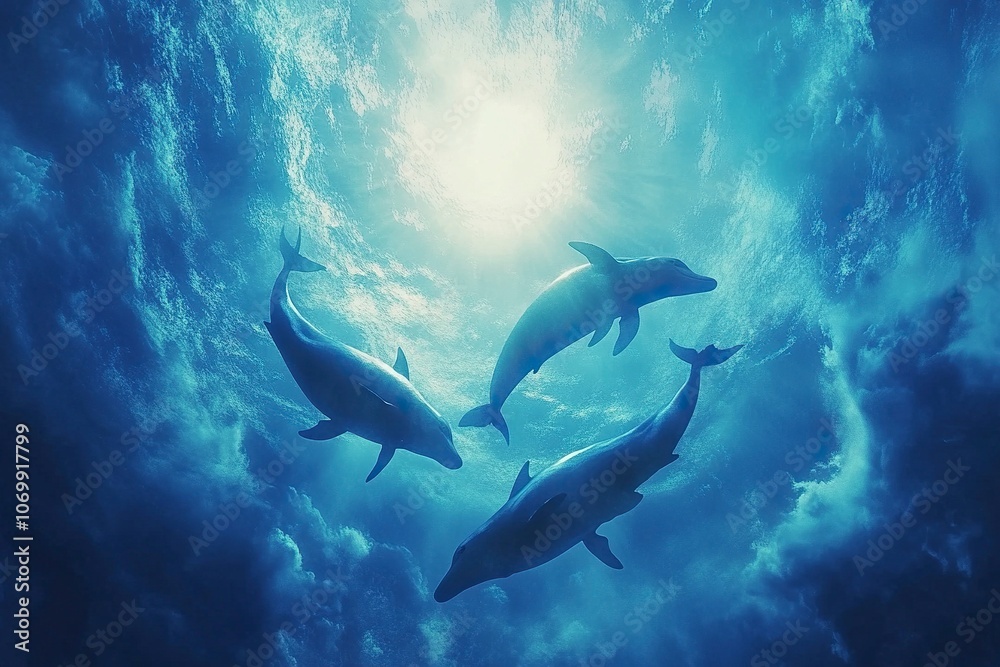 Obraz premium dauphins in blue ocean, drone fpv view.generative ai