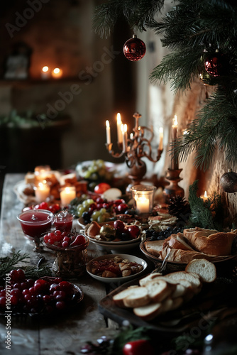 Traditional Orthodox meal with a variety of foods on a decorated table