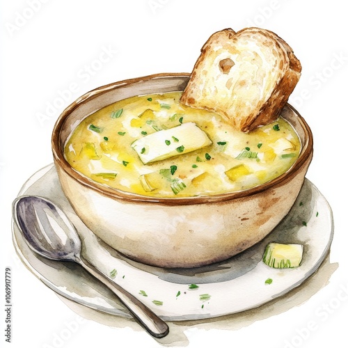 Watercolor Illustration of a Bowl of Leek Soup