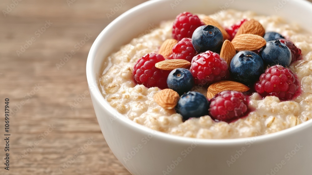 A delicious bowl of oatmeal topped with fresh berries and almonds, perfect for a healthy breakfast or snack. A delicious bowl of oatmeal topped with fresh berries and almonds, perfect for a healthy breakfast or snack.