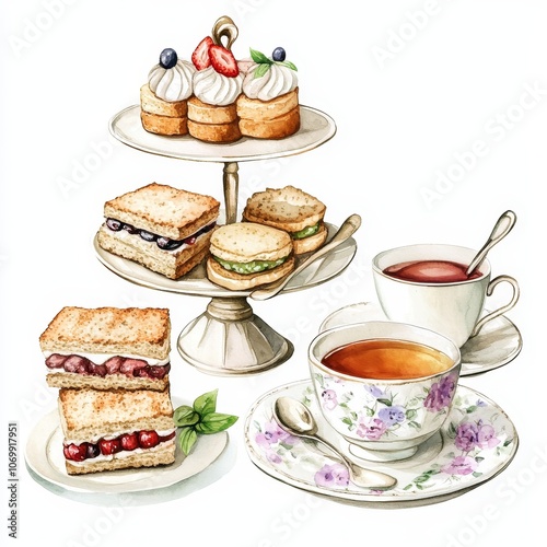 Traditional Afternoon Tea Watercolor Illustration