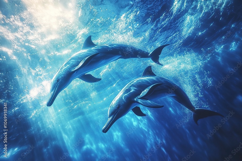 Naklejka premium dauphins in blue ocean, drone fpv view.generative ai