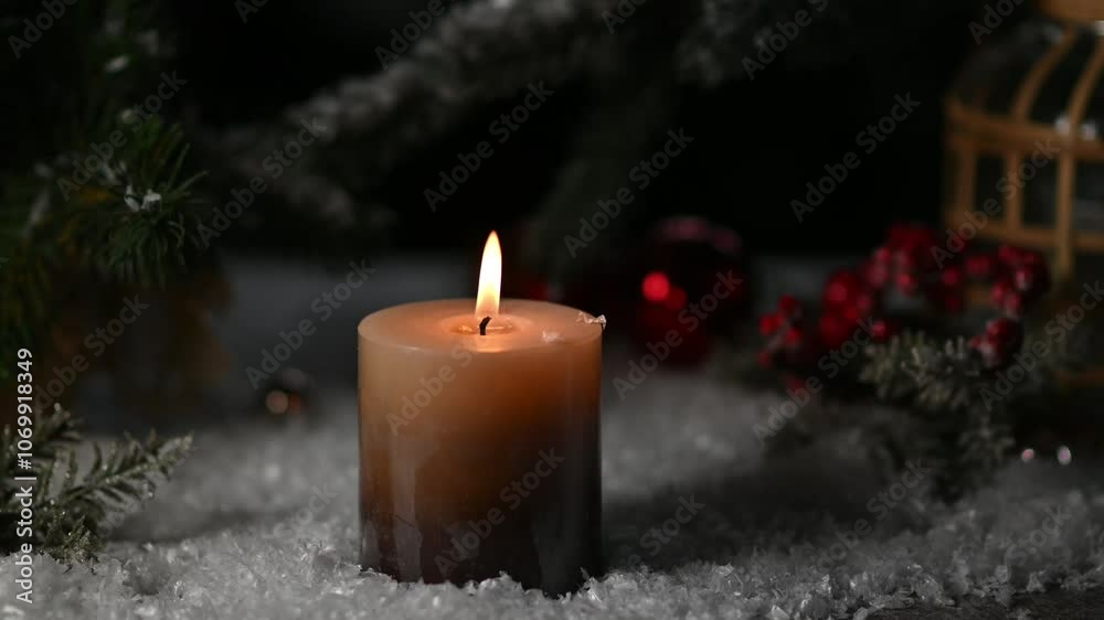 A New Year's candle burns in the dark in the snow, there is a New Year's decor around, snow is falling. Festive New Year's background with a candle and snow. A New Year's candle burns in the dark in the snow, there is a New Year's decor around, snow is falling. Festive New Year's background with a candle and snow.