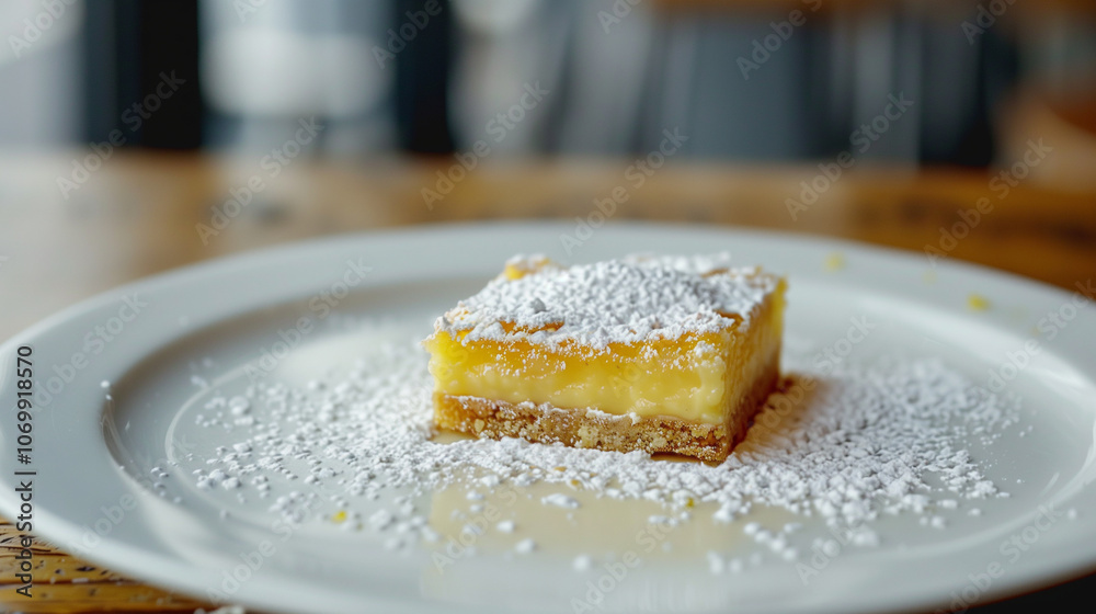 Lemon Bars Dusted with Powdered Sugar on White Plate with Yellow Background Lemon Bars Dusted with Powdered Sugar on White Plate with Yellow Background