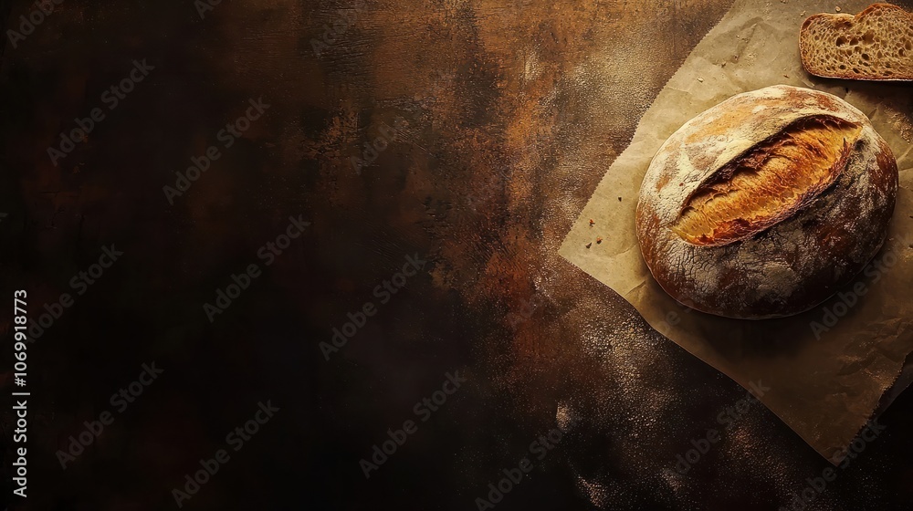Homemade sourdough baking background with copy space and fresh bread Homemade sourdough baking background with copy space and fresh bread