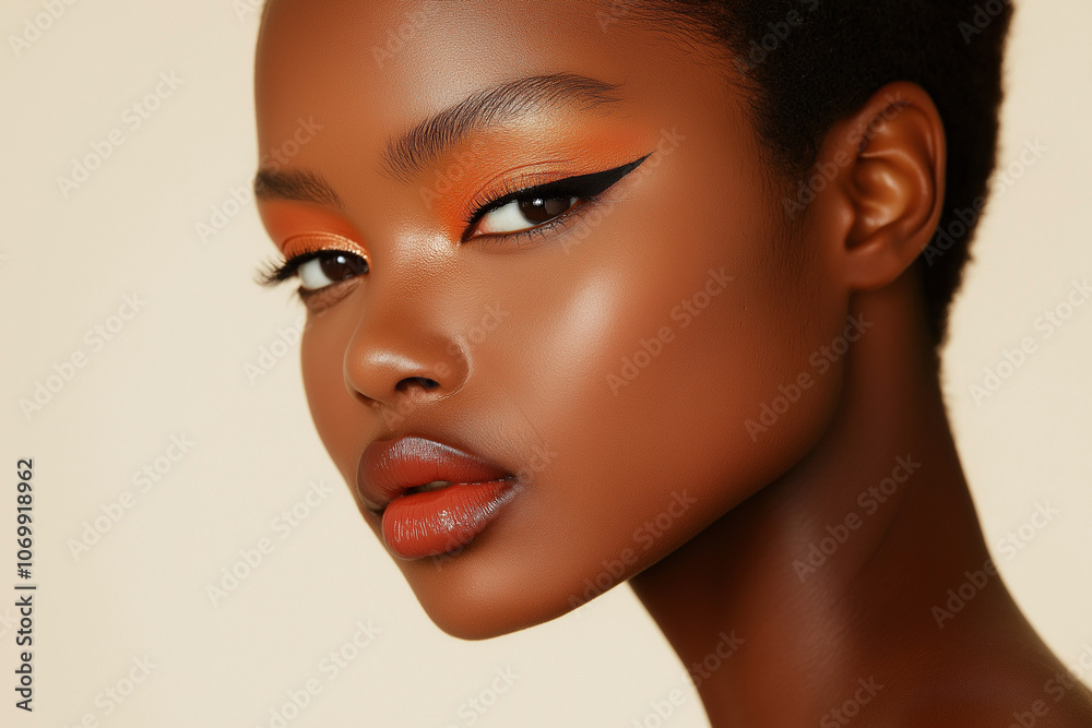Model with a dramatic eye shadow look, featuring a gradient blend of metallic and matte shades, posing against a neutral background Model with a dramatic eye shadow look, featuring a gradient blend of metallic and matte shades, posing against a neutral background