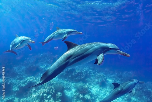 dauphins in blue ocean, drone fpv view.generative ai