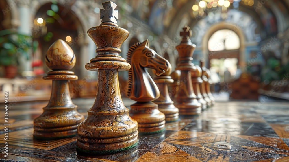 Close-Up of Intricately Carved Wooden Chess Pieces on a Classic Chessboard Close-Up of Intricately Carved Wooden Chess Pieces on a Classic Chessboard