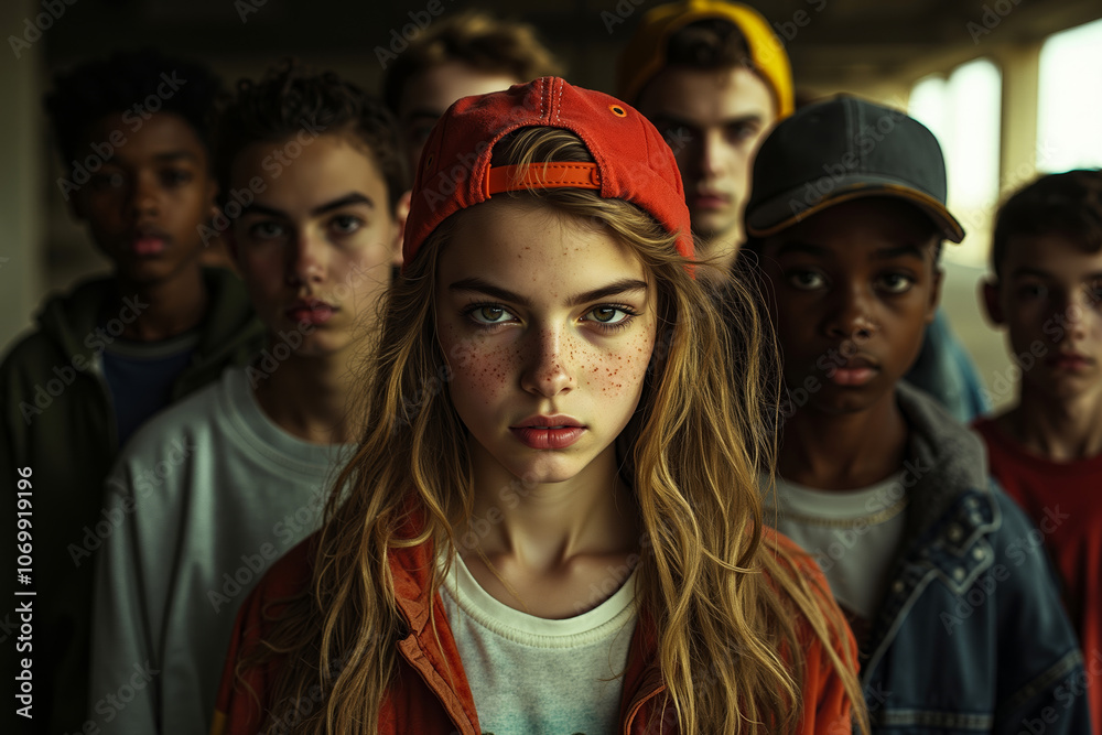 A group of young people standing in a line with a red hat A group of young people standing in a line with a red hat