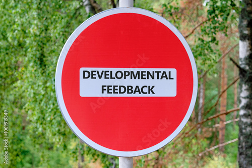 The concept of business and education. Conceptual word, phrase, text of the DEVELOPMENTAL FEEDBACK on the sign, traffic is prohibited against the background of a green forest photo