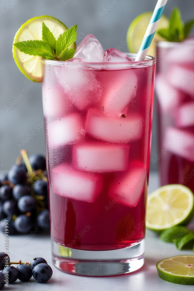 Refreshing Grape Lime Mocktail with Ice and Mint Garnish