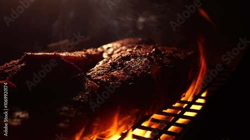 Close-up of Meat being grilled on barbecue grill. large piece of meat sprinkled with fragrant spices and herbs lies on grill. picnic outside in summer evening. cooking meat steaks in a barbecue flame