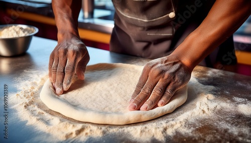 A chef’s hands stretching fresh pizza dough into a perfect circular shape on a floured surface. photo