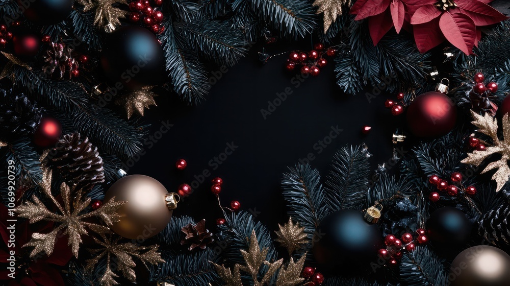 Merry Christmas banner design. New Year flat lay black background concept with empty space. Holiday ornament arrangement. Luxury Noel and Xmas festive layout. Merry Christmas banner design. New Year flat lay black background concept with empty space. Holiday ornament arrangement. Luxury Noel and Xmas festive layout.
