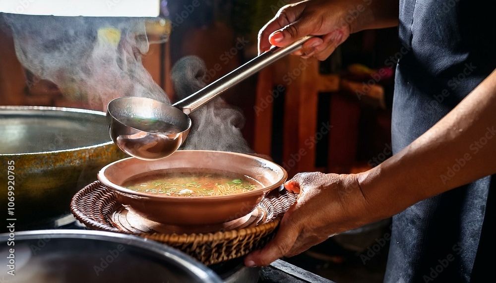 A chef’s hands using a ladle to pour hot soup into a bowl, capturing steam rising from the bowl. A chef’s hands using a ladle to pour hot soup into a bowl, capturing steam rising from the bowl.