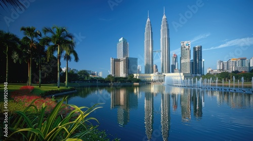 A Breathtaking View of Kuala Lumpur's Iconic Petronas Towers Reflected in a Serene Lake Setting photo