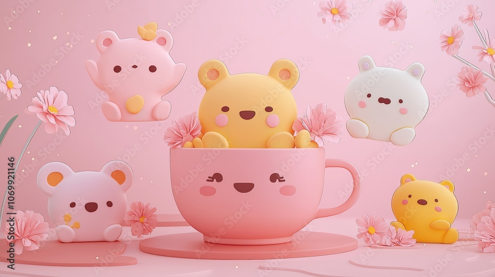 Cute, colorful animal characters in a pink cup surrounded by blossoms, creating a whimsical and cheerful scene. Cute, colorful animal characters in a pink cup surrounded by blossoms, creating a whimsical and cheerful scene.