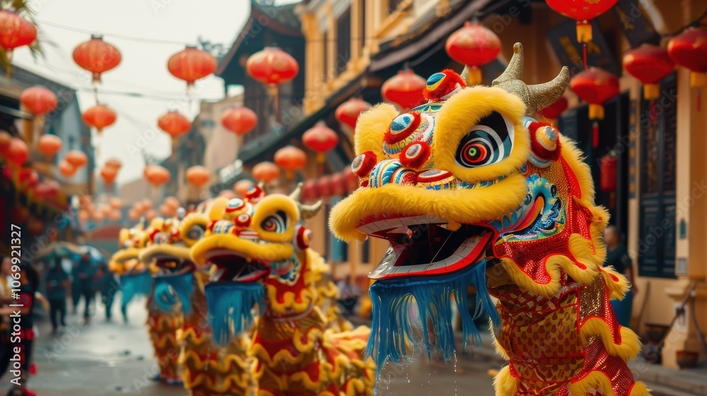 Fototapeta premium Cultural Celebration of Tet Festival with Dragon Dance and Lanterns Illuminating the Street Scene