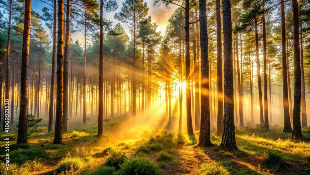 Obraz premium Enchanting Golden Hour Sunlight Breaking Through Pine Trees in Misty Forest - Surreal Photography of Nature's Beauty with Ethereal Light and Tranquil Atmosphere