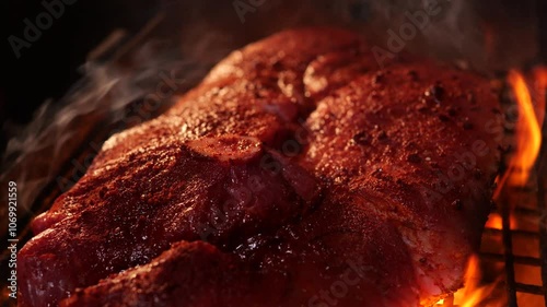 Close-up of Meat being grilled on barbecue grill. large piece of meat sprinkled with fragrant spices and herbs lies on grill. picnic outside in summer evening. cooking meat steaks in a barbecue flame