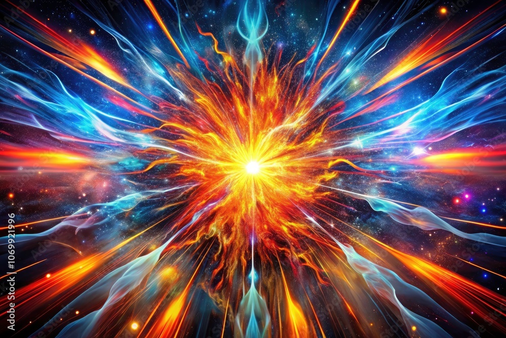 Explosive Cosmic Energy Burst: Vibrant Colors in a Black Background for Surreal Photography
