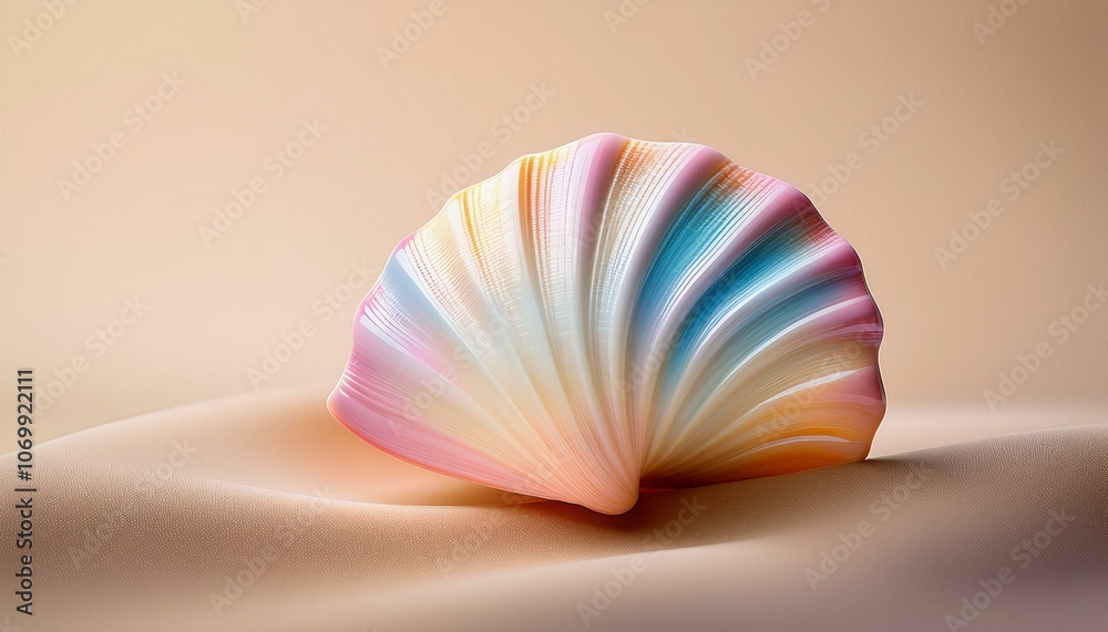 A close-up of a seashell in soft pastel colors against an isolated sandy beige background. A close-up of a seashell in soft pastel colors against an isolated sandy beige background.