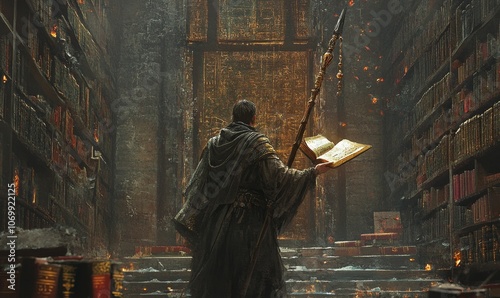 A hooded figure stands in a burning library. photo