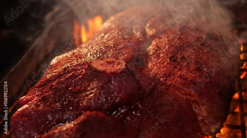 Close-up Meat being grilled on barbecue grill. piece of juicy meat on grill over an open fire. picnic outside in summer evening. cooking meat steaks in barbecue flame. meat is fried on coals in smoke