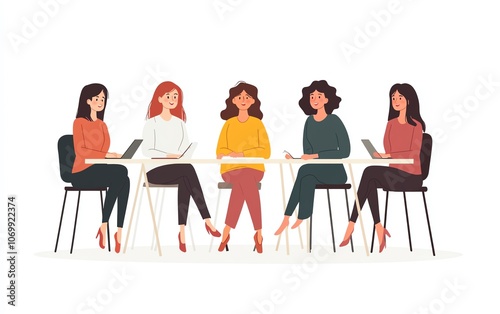 Five women sitting around a table in a meeting.