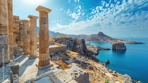 Breathtaking Scenery of Ancient Ruins Overlooking Azure Waters and Dramatic Mountain Landscape