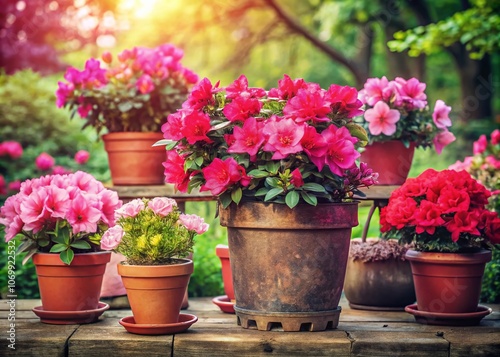 Vintage Style Photography of Beautiful Azalea Flowers in Pots: A Stunning Red and Pink Azalea Background for Planting with Ample Space for Garden Inspiration