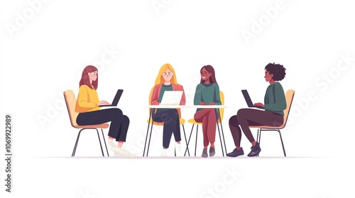 Four diverse women working on laptops in a circle.