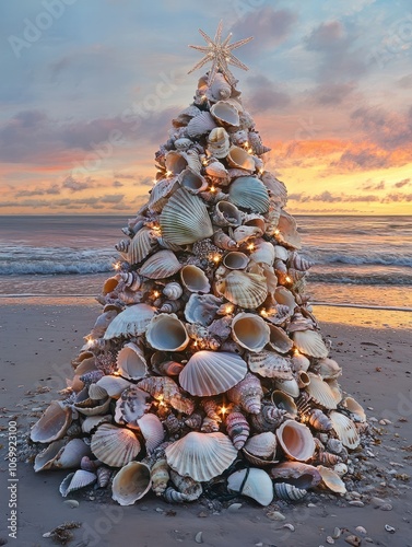 Seashell Christmas tree adorned with twinkling lights on a sandy beach at sunrise, creating a serene and festive coastal atmosphere. photo