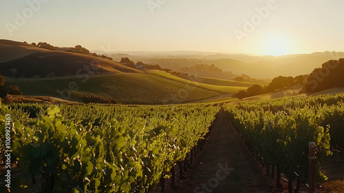 Rolling vineyard hills at sunset with a path leading through the rows of grapevines.