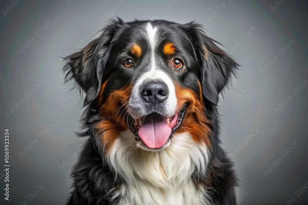 Happy Bernese Mountain Dog Portrait with Tongue Out on Grey Background – Adorable Pet Photography, High Depth of Field Happy Bernese Mountain Dog Portrait with Tongue Out on Grey Background – Adorable Pet Photography, High Depth of Field