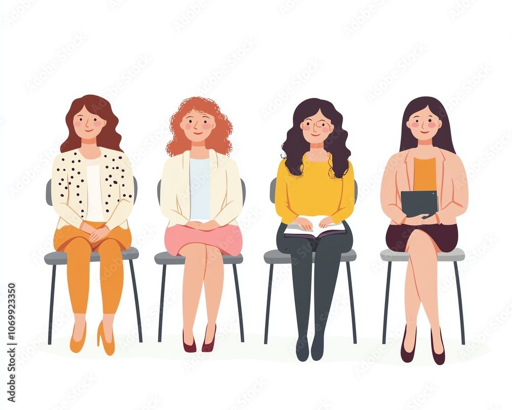 Fototapeta premium Four women sitting on chairs waiting in a row.