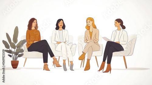 Four women sit in chairs, engaged in conversation.