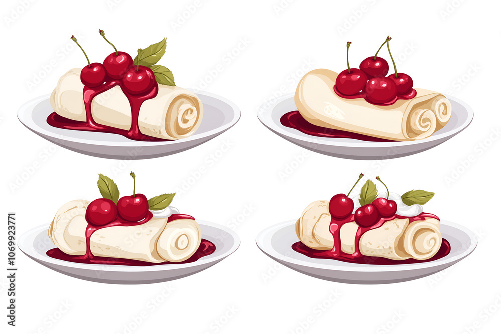Sweet breakfast Rolled crepes filled with cream, stack pancakes poured with red syrup isolated on transparent png background. Sweet breakfast Rolled crepes filled with cream, stack pancakes poured with red syrup isolated on transparent png background.