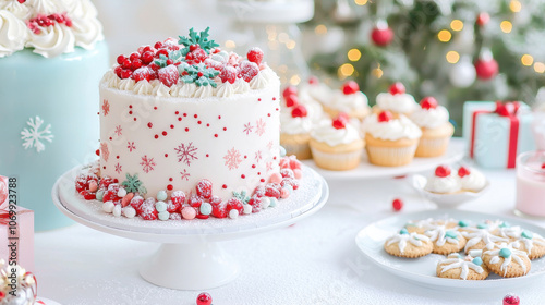 holiday themed dessert table with cakes and cookies, featuring festive cake adorned with red berries and snowflake decorations, surrounded by cupcakes and cookies