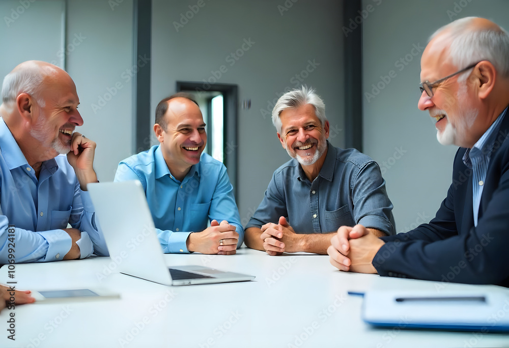 A group of four colleagues sitting next to teach other at the table during an executive meeting smiling and talking in big bright office A group of four colleagues sitting next to teach other at the table during an executive meeting smiling and talking in big bright office
