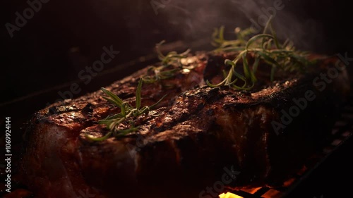 Meat being grilled on barbecue grill. juicy meat on grill over an open fire with herbs and rosemary. picnic outside in summer evening. cooking steaks in barbecue flame. meat is fried on coals in smoke