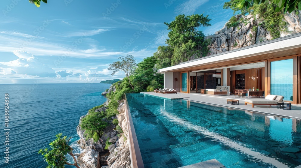 Fototapeta premium Experience Luxury with a Serene Cliffside Resort View in Stunning Phuket, Thailand’s Paradise