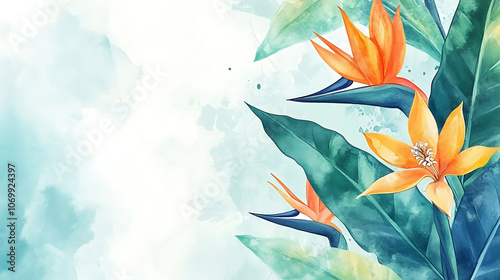 Vibrant watercolor background featuring tropical flowers and leaves