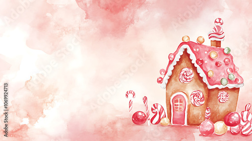 Whimsical gingerbread house with colorful candies on soft pink background