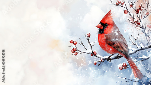 vibrant cardinal perched on snowy branch, surrounded by winter beauty
